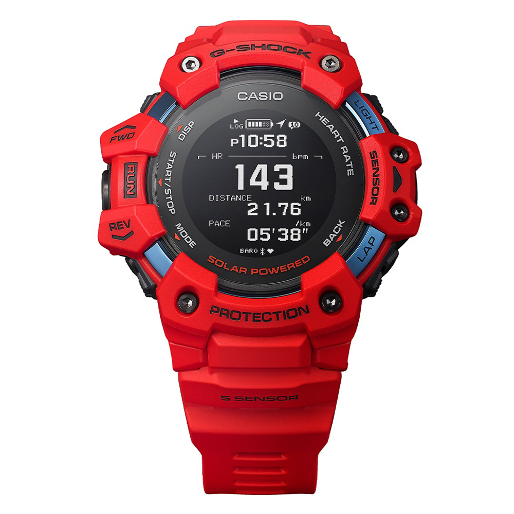 Muški ručni sat G-SHOCK GBD-H1000-4ER G-SQUAD sa crvenim kućištem i LCD prikazom.