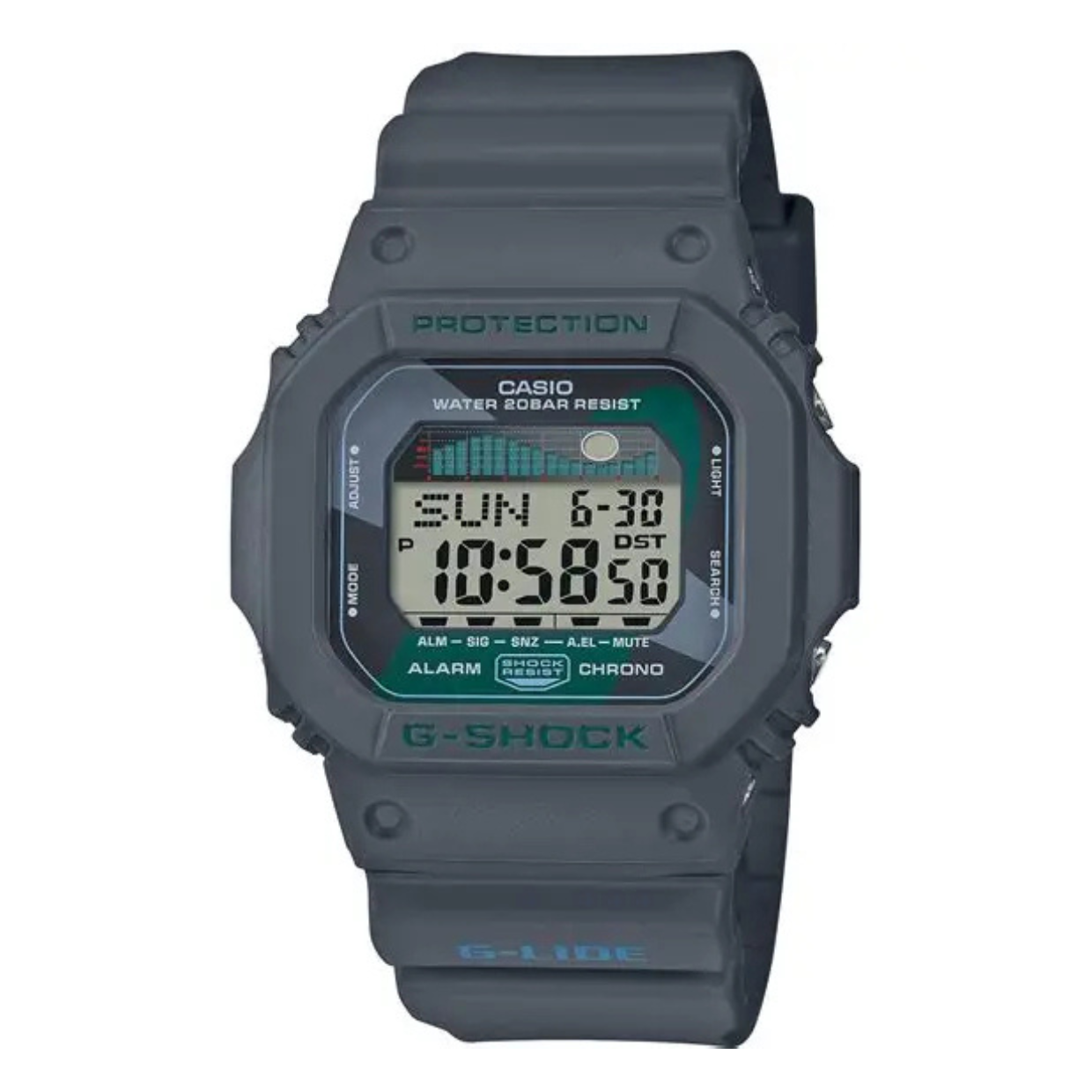 Ženski sportski ručni sat G-SHOCK GLX-5600VH-1ER sa sivo resin narukvicom, pravougaonim kućištem i digitalnim prikazom vremena.
