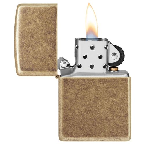 Otvoren upaljač: ZIPPO Antique Brass 201FB – otvoren poklopac sa vidljivim mehanizmom