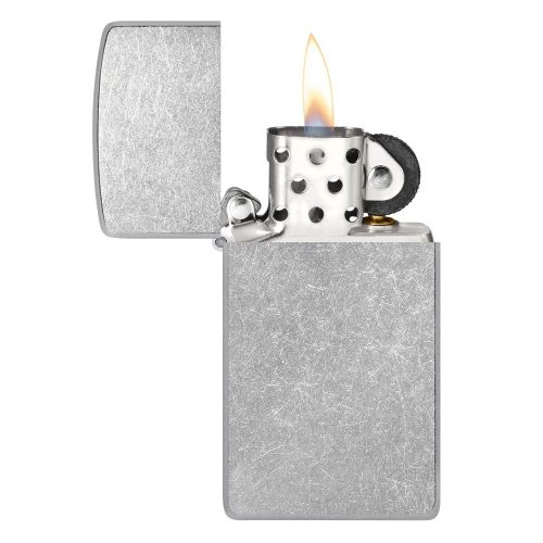 Otvoren upaljač: ZIPPO Slim Street Chrome 1607 – otvoren poklopac i mehanizam