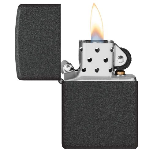 ZIPPO Black Crackle 236 – otvoren poklopac sa vidljivim mehanizmom