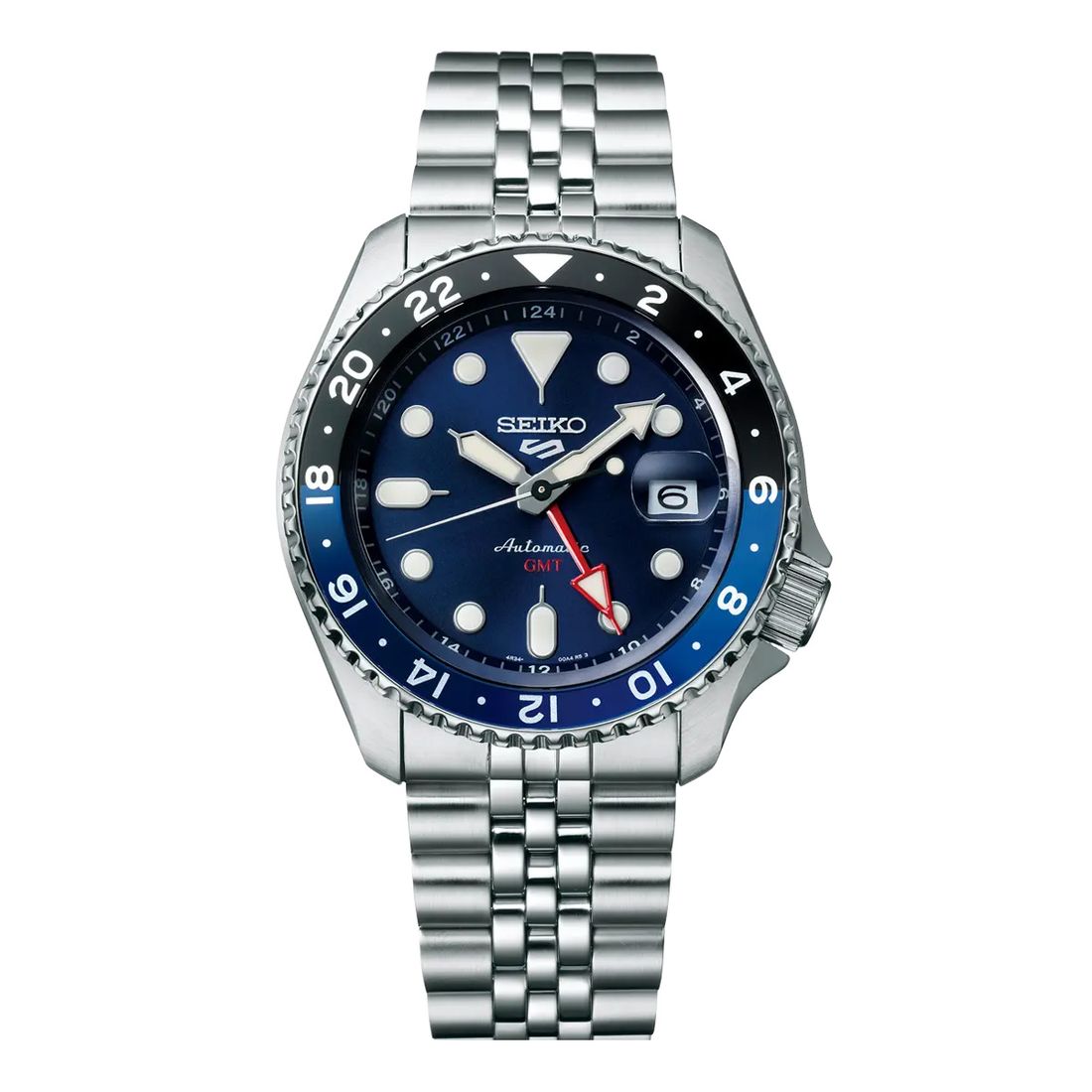 Pogled na SEIKO 5 Sports SSK003K1 sa teget-crnim brojčanikom i srebrnom narukvicom