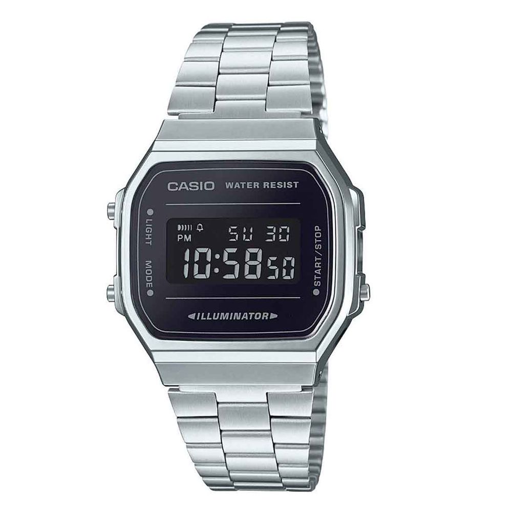 CASIO A168WEM-1EF unisex ručni sat sa srebrnim kućištem, digitalnim LCD ekranom i čeličnom narukvicom