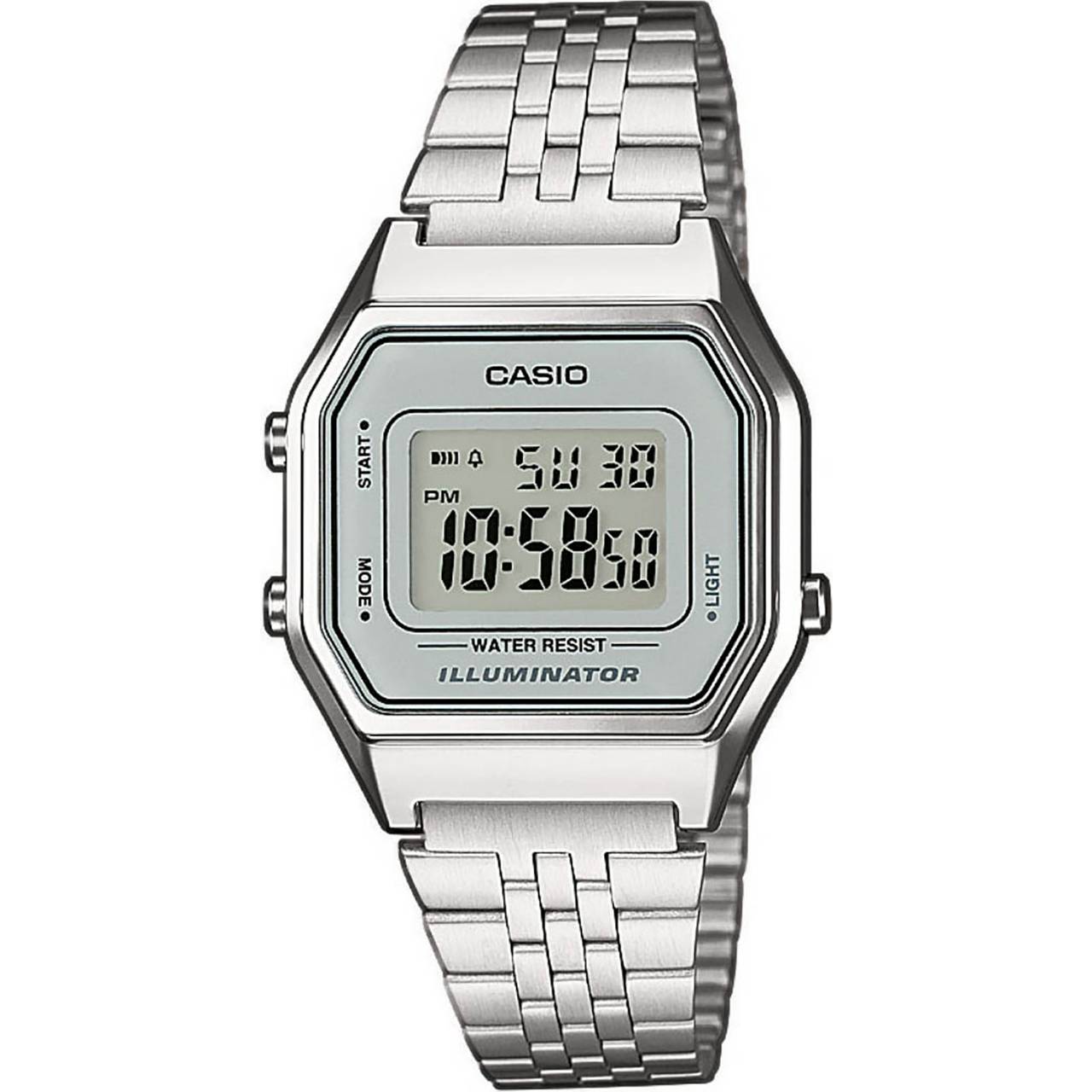 CASIO A168WEM-7EF unisex ručni sat sa srebrnim kućištem, digitalnim LCD ekranom i čeličnom narukvicom