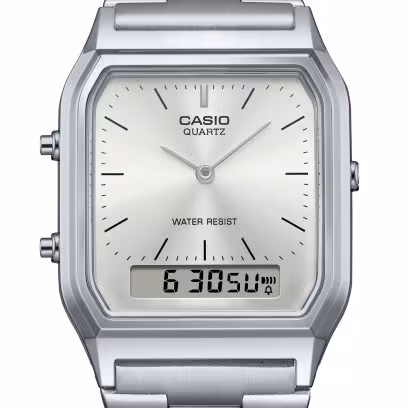 Detalj pravougaonog kućišta CASIO Vintage AQ-230A-7AMQYES sa dimenzijama 38.8mm x 29.8mm i čeličnim materijalom