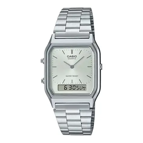 CASIO Vintage AQ-230A-7AMQYES unisex ručni sat sa svetlo sivim brojčanikom, čeličnim kućištem i srebrnom čeličnom narukvicom