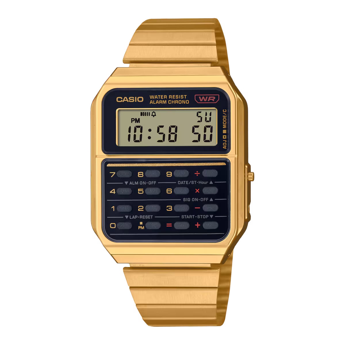 Casio CA-500WEG-1A vintage unisex ručni sat sa crnim brojčanikom, zlatnim kućištem i zlatnom narukvicom, digitalni mehanizam i funkcije kalkulatora i štoperice