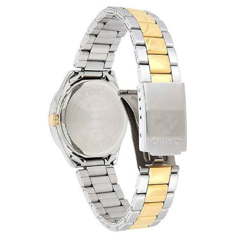 Pogled od pozadi na Casio LTP-1302PSG-7AVEG, prikazivanje debljine kućišta od 15 mm, luksuzni izgled i robusnost.