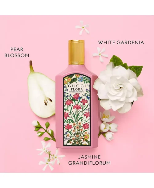 Gucci Flora Gorgeous Gardenia parfemske note – cvetno-sveža mešavina gardenije, jasmina, crvenih bobica i toplog smeđeg šećera.