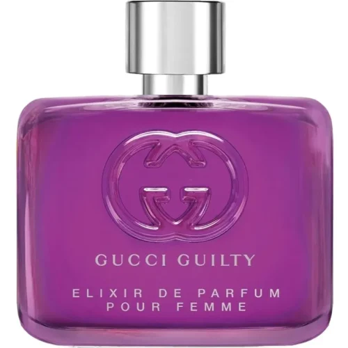 Gucci Guilty Elixir Pour Femme bočica parfema – tamnoljubičasti dizajn sa luksuznim zlatnim akcentima, koji predstavljaju eleganciju i senzualnost.