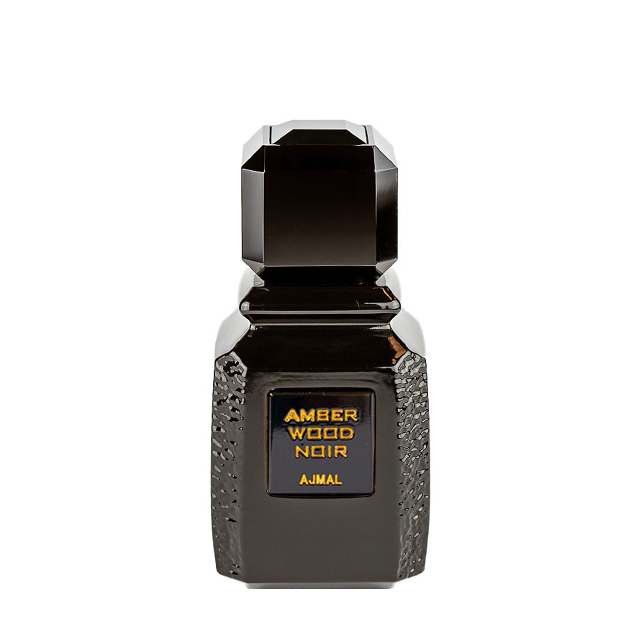 Bočica Amber Wood Noir parfema – elegantna crna bočica sa zlatnim detaljima
