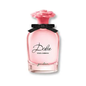 Dolce Garden EDP bočica sa roze cvetnim poklopcem i crnom trakom.