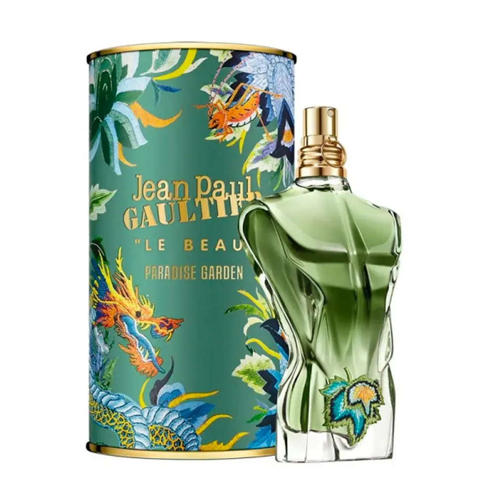 Jean Paul Gaultier Le Beau Paradise Garden EDP kutija – dekorativno i tropski inspirisano pakovanje muškog parfema koje prikazuje egzotičnu energiju i modernu muževnost mirisa.
