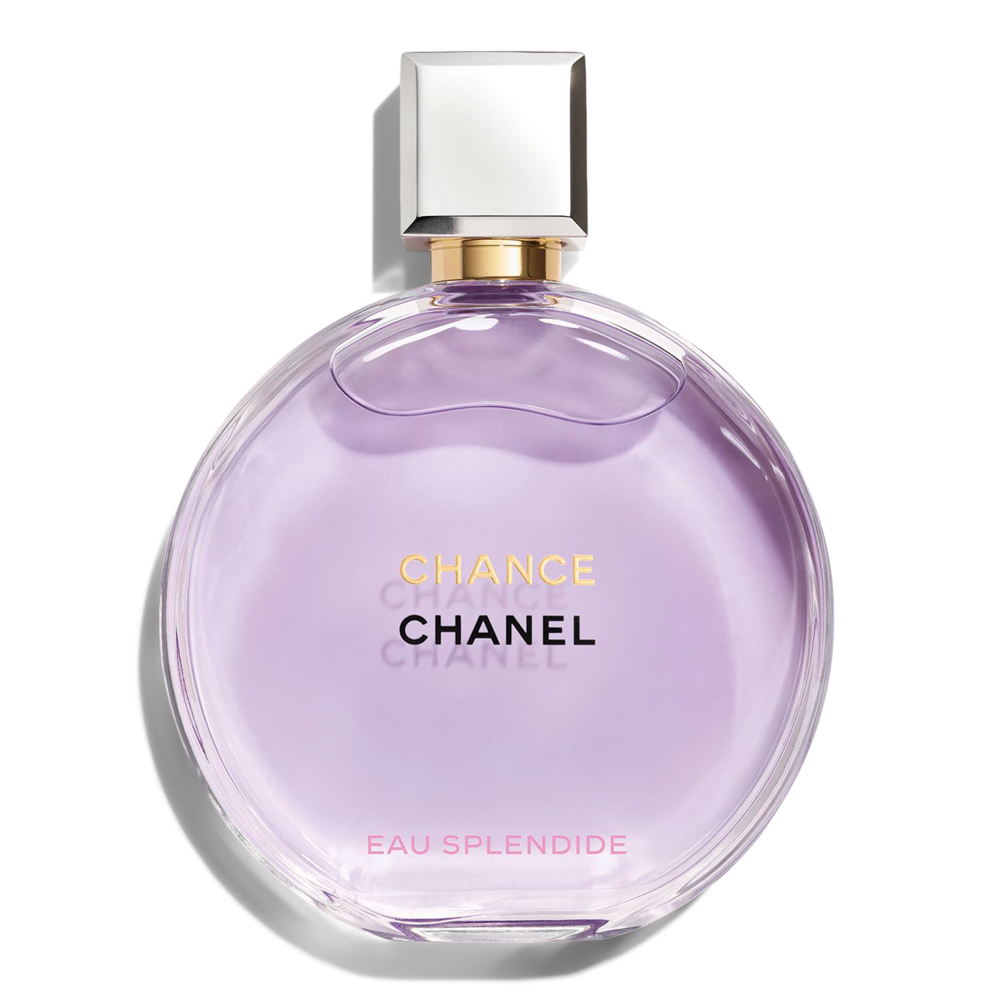 Bočica parfema Chanel Chance Eau Splendide sa zaobljenim oblikom, prozirnim staklom i diskretnim zlatnim detaljima.