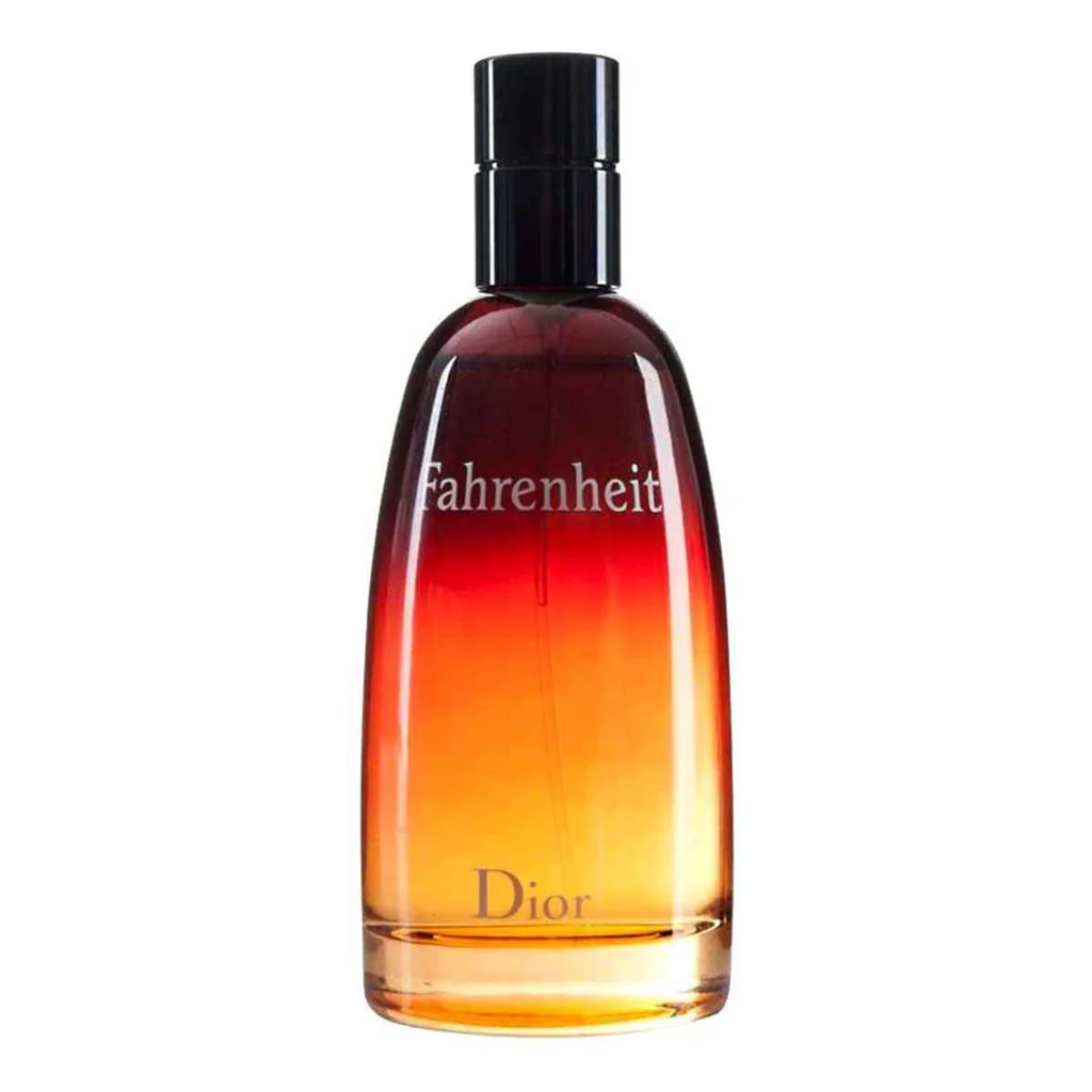 Bočica muškog parfema Dior Fahrenheit sa karakterističnim vatrenim prelazom crvene i žute boje.