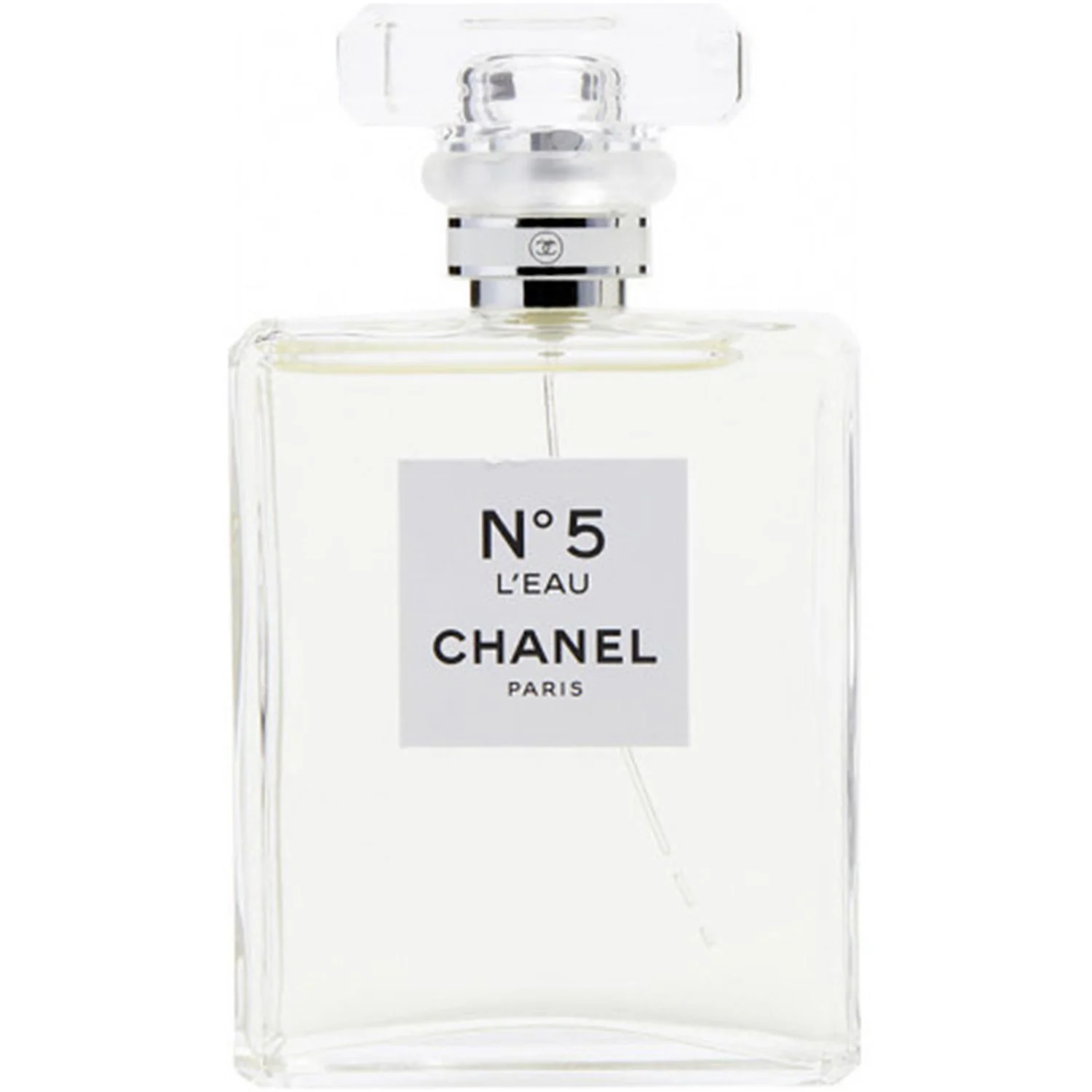 Prozirna minimalistička bočica parfema Chanel No.5 L’Eau, luksuzan dizajn i bezvremenska elegancija.