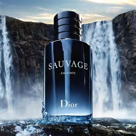 Dior Sauvage Eau Forte mirisne note bergamot lavanda amber. Slika bocice parfema na vodopadu