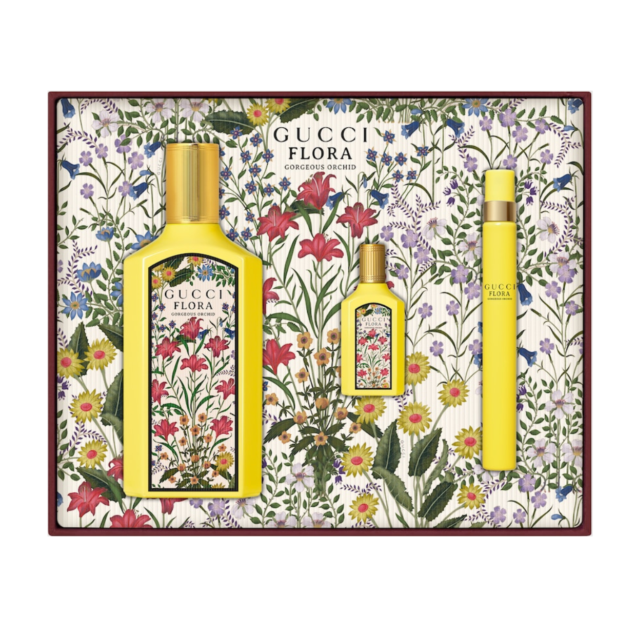 Gucci Flora Gorgeous Orchid poklon set mini parfemi 5 ml i 10 ml – praktične, elegantne putne verzije ženskog parfema dizajnirane za torbicu, putovanja i svakodnevno osvežavanje mirisa.