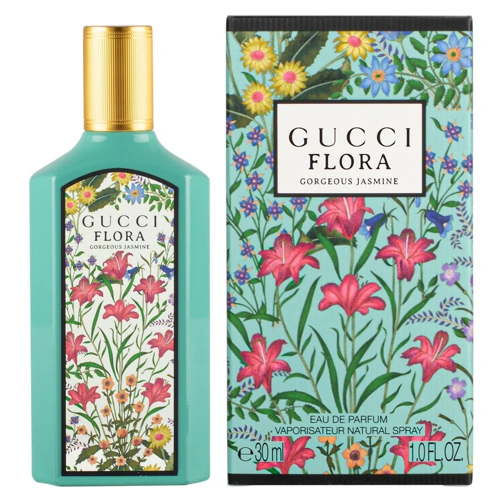 Gucci Flora Gorgeous Jasmine EDP bočica i kutija original – elegantna ženska parfemska voda u nežno zelenoj boji sa cvetnim detaljima, dizajnirana da prikaže svežinu i ženstvenu harmoniju mirisa.