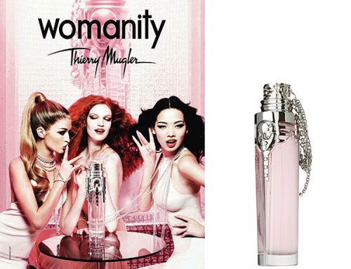 Mugler Womanity parfem u luksuznom pakovanju sa zenama sa reklame i naptpisom brenda