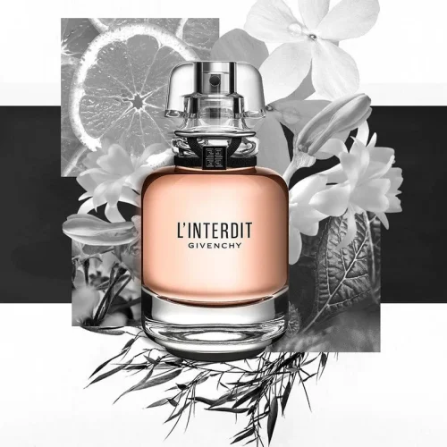 Givenchy L Interdit EDP toptaurus.rs 1 Givenchy L Interdit EDP bočica ženskog parfema na crno beloj pozadini sa morosnim notama