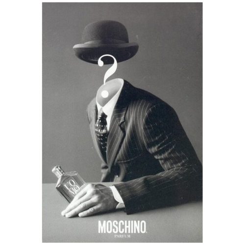 Moschino Uomo EDT parfem nadrealna slika muskarca sa upitnikom umesto glave u crno beloj boji koji drzi bocicu parfema