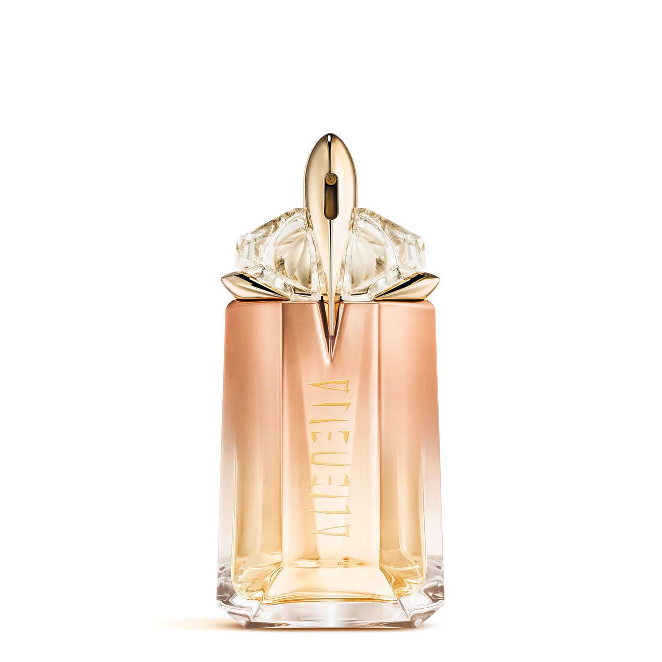 Mugler Alien Goddess Supra Florale EDP bočica u zlatnim tonovima na beloj pozadini