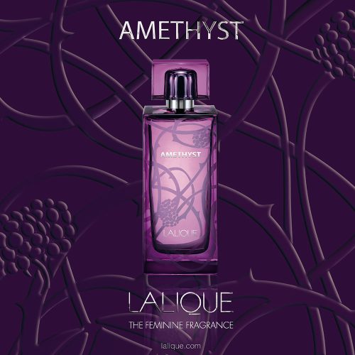 Lalique Amethyst EDP ženski parfem ljubicasta pozadina i bela slova brenda