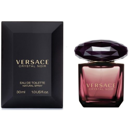 Versace Crystal Noir EDT – bočica tamnog kristalnog dizajna i pakovanje na svetloj pozadini