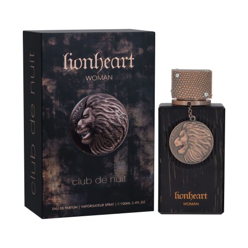 Detaljan pogled na tamnu bočicu i pakovanje Armaf Club de Nuit Lionheart EDP, koja odražava luksuz i ženstvenost.