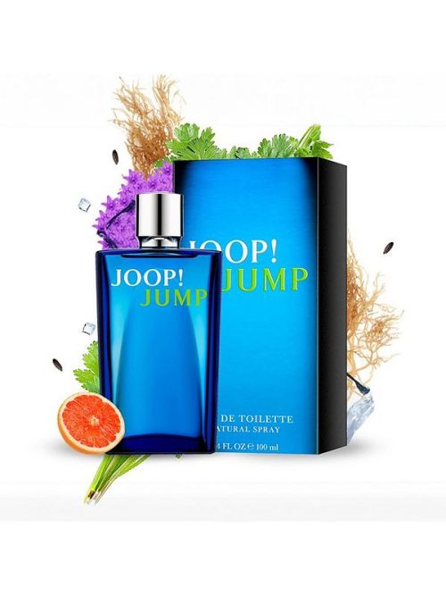 Vizualni prikaz citrusnih, aromatičnih i drvenastih nota parfema JOOP Jump EDT i bocica i pakovanje parfema