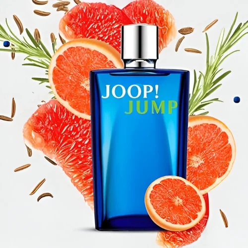 Vizualni prikaz citrusnih, aromatičnih i drvenastih nota parfema JOOP Jump EDT i bocica parfema