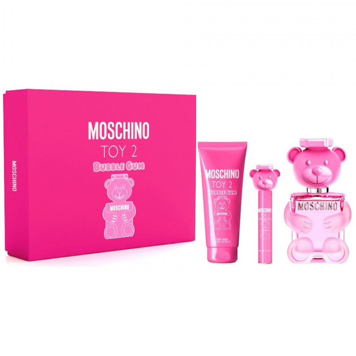 Slika Moschino Toy 2 Bubble Gum Set zenski parfem – Moschino Toy 2 Bubble Gum set, ženski parfem sa 100ml EDT, 10ml mini parfemom i 100ml balzamom za telo.