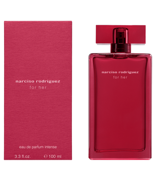 Narciso Rodriguez For Her Intense detalji zenski parfem – Fokus na luksuznu bočicu i prefinjeni dizajn pakovanja For Her Intense, zenski parfem.