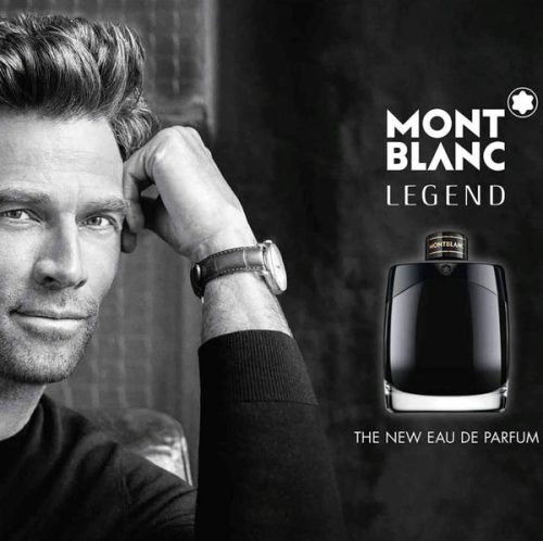Mont Blanc Legend dizajn bočice i lice muskarca crno bela slika