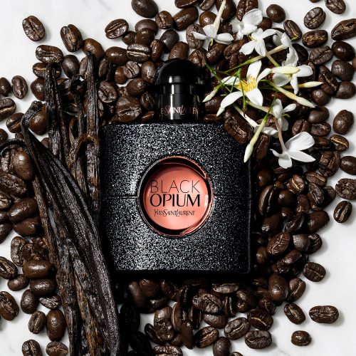Mirisne note YSL Black Opium Set zenski parfem – Vizualni prikaz nota: kafa, vanila, jasmin, mošus i pačuli u parfemu za žene.