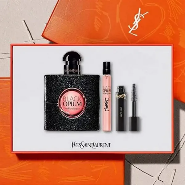 Slika YSL Black Opium Set zenski parfem – Luksuzni YSL Black Opium Set, ženski parfem sa 50ml EDP, 10ml EDP i 2ml maskara.