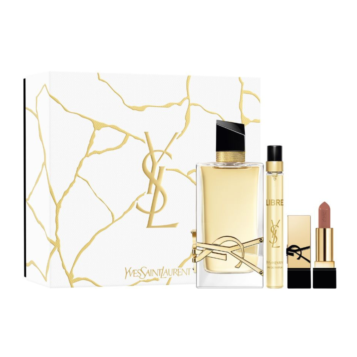 Slika YSL Libre Set 90ml EDP + Karmin – YSL Libre Set sa 90ml EDP, 10ml mini parfemom i luksuznim karminom. Pakovanje proizvoda seta