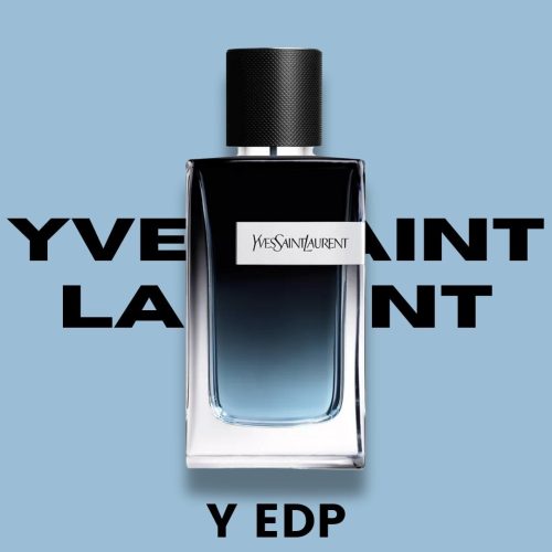 Close-up bočice na plavoj pozadini YSL Y EDP muški parfem – Detaljan prikaz bočice YSL Y EDP, elegantni parfem za moderne muškarce.