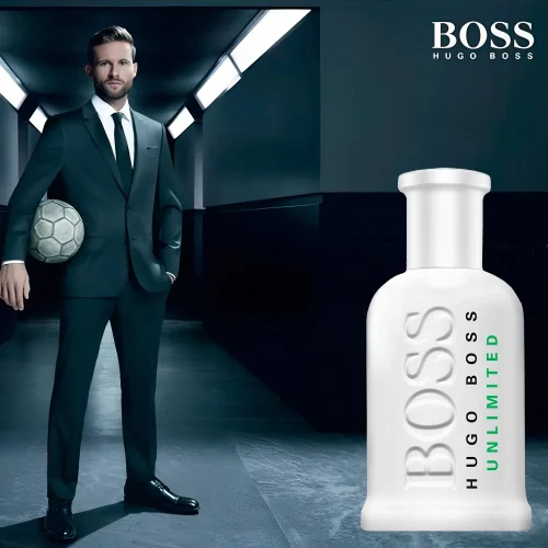 Boss Bottled Unlimited muški parfem detalj bočice i fudbalski menadzer