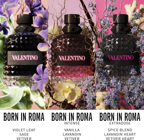 Alt: Mirisne note Valentino Uomo Born In Roma edt, Intense i Extradose EDT – bergamot, kardamom, lavanda, kašmir, tonka i drvenasti akordi