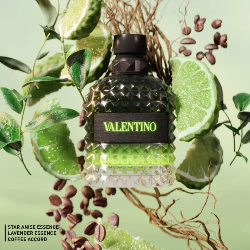 Alt: Mirisne note Valentino Uomo Born In Roma Green Stravaganza EDT – zeleni mandarin, kardamom, lavanda, vetiver i drvenasti akordi
