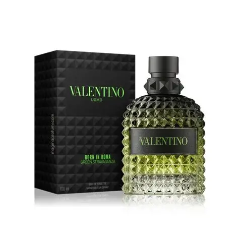 Alt: Pakovanje Valentino Uomo Born In Roma Green Stravaganza EDT sa zelenom i crnom elegantnom dizajnerskom kombinacijom