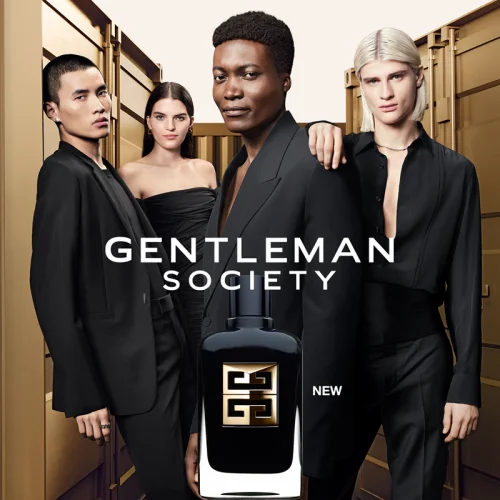 Givenchy Gentleman Society Ambree Eau de Parfum muški parfem bočica i reklama brenda