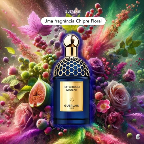 Detalj bočice i mirisne note Patchouli Ardent EDP – orijentalno-drvenasti unisex parfem Guerlain