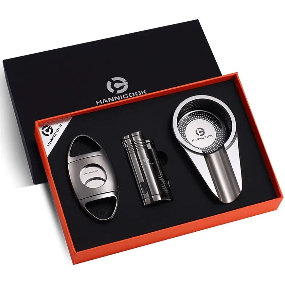 HANNICOOK HC-32-001 luksuzni gift set sa metalnim sekačem, jet upaljačem i pepeljarom