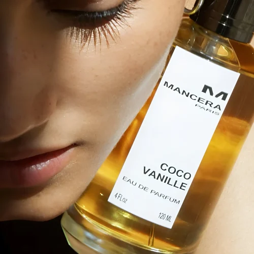 Mancera Coco Vanille EDP – bočica ženskog parfema, elegantan niche dizajn i lice zene