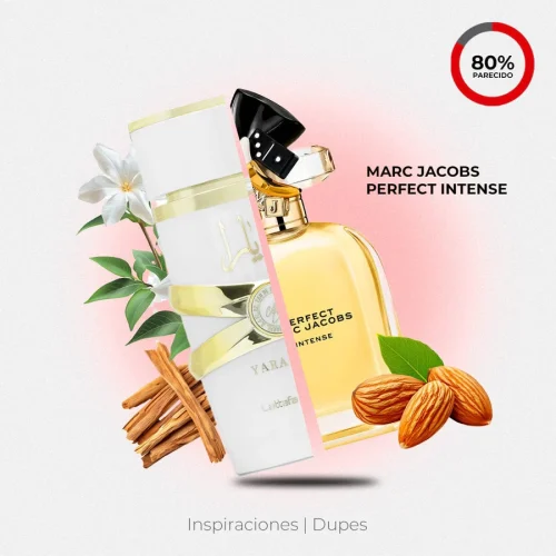 Lattafa Yara Moi kremast gurmanski miris ženski parfem i Marc Jacobs Perfect Intense