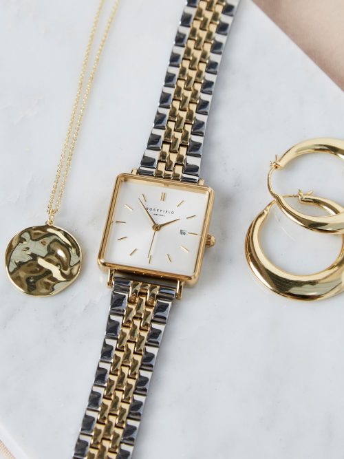 Elegantni Rosefield Boxy QVSGD-Q013 sat 26mm sa srebrno-zlatnom narukvicom