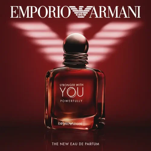 Armani Stronger With You Powerfully EDP muški parfem – prednja strana bočice i naziv mirisa sa logom brenda